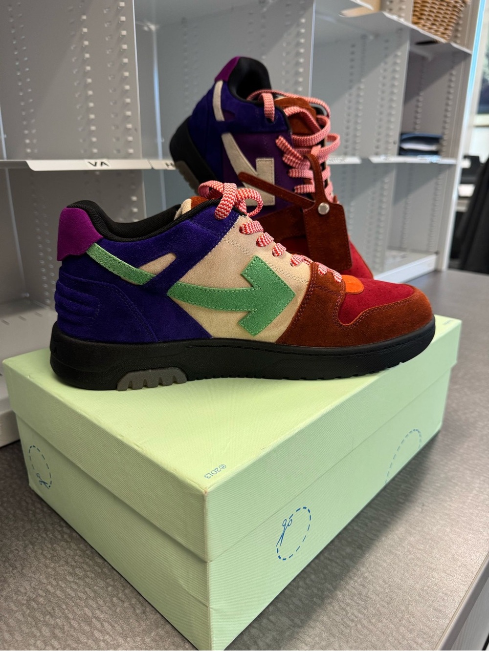Off-White Mens Multicolor Suede Arrow Sneakers — Purple, Brown & Green